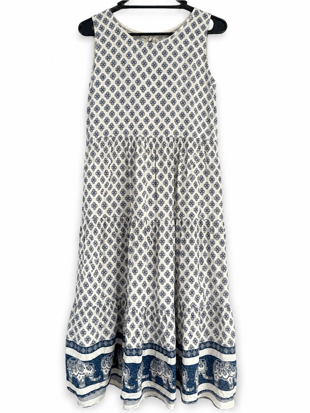 Sleeveless Tiered Midi Dress in White and Blue elephant border